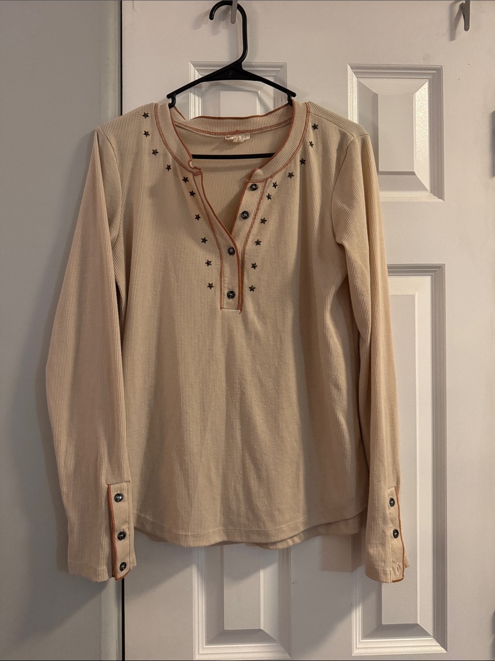 Hem & Thread Cream Long Sleeve Henley with Star Stud Details